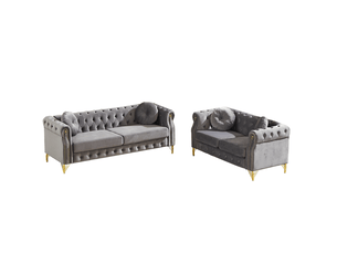 Canapé 3+2 places en velours gris avec pieds métalliques dorés