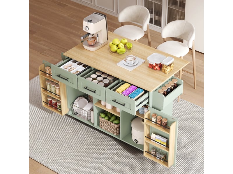 Îlot de cuisine vert antique desserte sur roulettes avec plateau rabattable 139cm chariot de rangement mdf - Conforama B