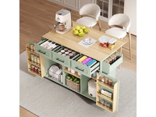 Îlot de cuisine vert antique desserte sur roulettes avec plateau rabattable 139cm chariot de rangement mdf