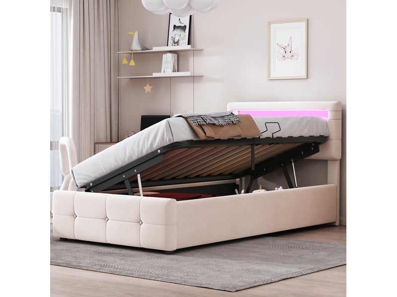  Lit enfant 90x200 cm avec led, rangement hydraulique et tête de lit réglable beige  - Conforama E