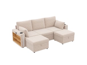 Canapé d'angle modulable en u ou l, velours côtelé beige 5 places, avec 2 poufs de rangement et éclairage led, pour salon moderne
