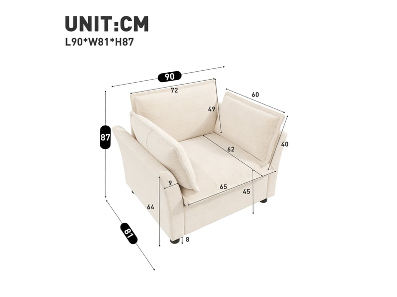  Fauteuil de salon avec accoudoirs et coussins amovibles en chenille beige, 1 place  - Conforama C