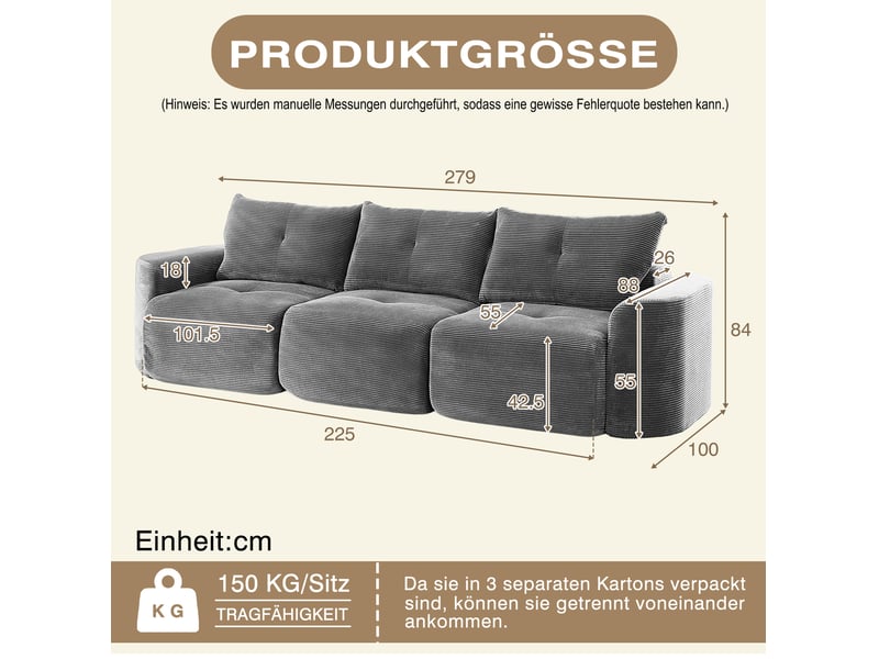 Canapé 3 places modulaire en velours côtelé gris anthracite - Conforama C