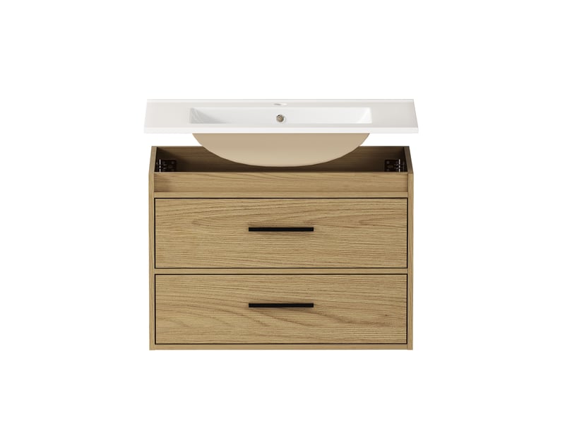  Armoire de salle de bain avec 2 tiroirs, finition chêne clair, en mdf et céramique pour salle de bain, largeur 75 cm  - Conforama A