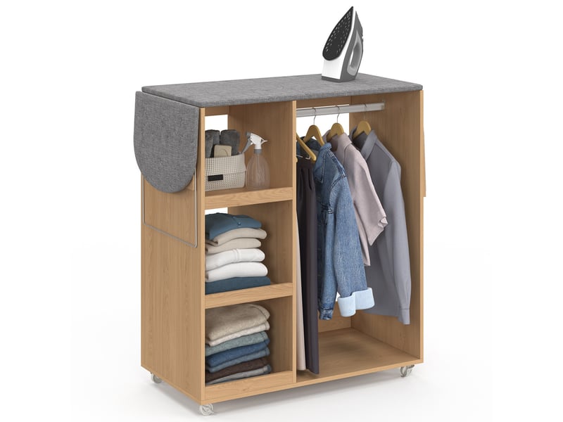 Table à repasser pliable à roulettes avec étagères réglables et barre de penderie façon hêtre - Conforama D