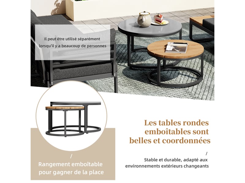  Set de jardin en fer 5 pl, coussins gris, canapés, table d'appoint, tables basses rondes  - Conforama E