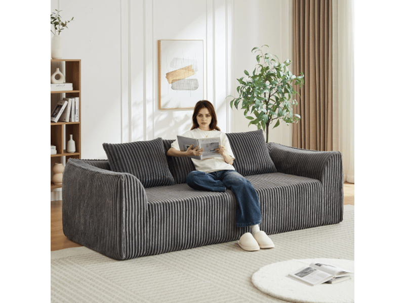  Canapé 235 cm velours côtelé gris - design courbé minimaliste, dossier incliné, 2 coussins inclus  - Conforama B