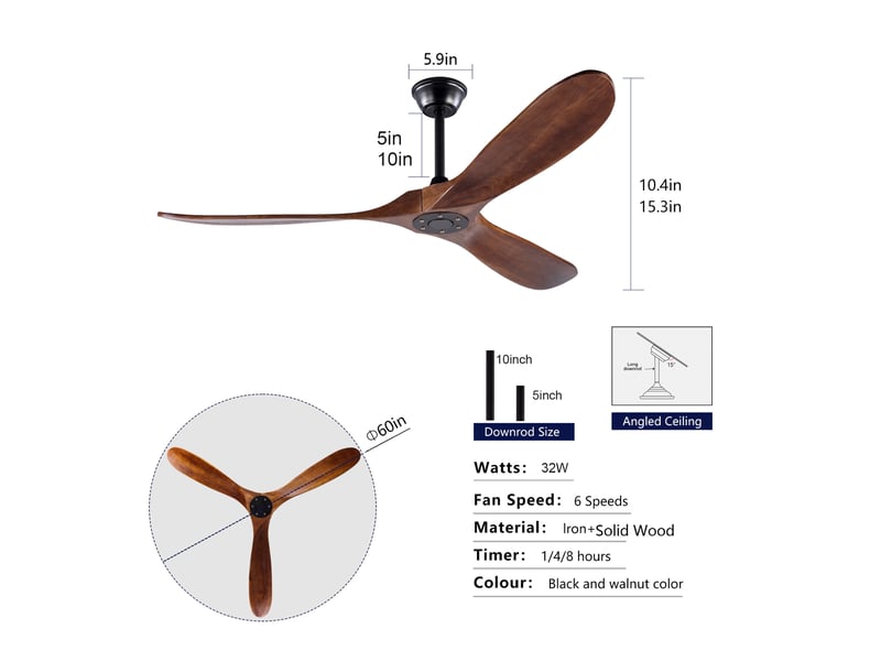  Ventilateur de plafond sans lumière 152 cm noir et noyer foncé, 6 vitesses  - Conforama C