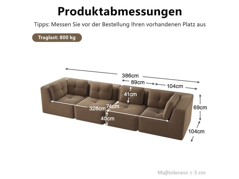 Canapé modulable 4 places en velours côtelé marron 386 x 104 x 69 cm - Conforama E