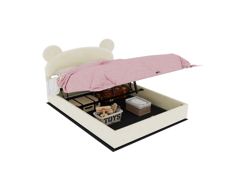  Lit coffre modenvie rembourré 140 x 200 cm en velours beige avec tête de lit oreilles d'ours  - Conforama A