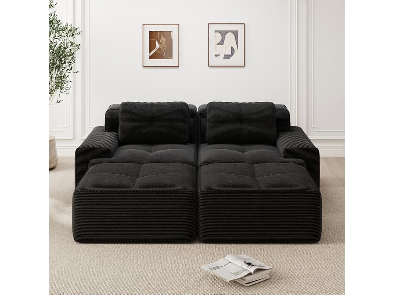  Canapé modulable en u 2 places avec ottomane en velours côtelé noir, sans montage  - Conforama D