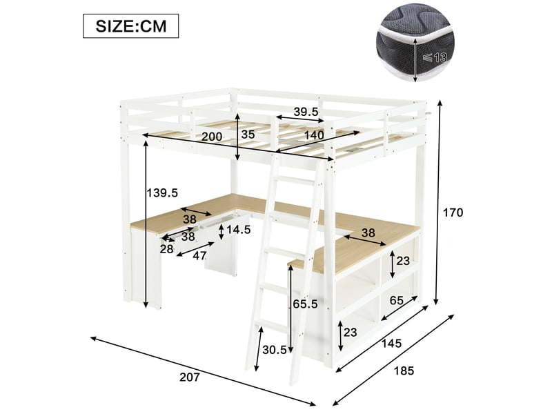  Lit mezzanine enfant 140x200 cm avec bureau en u, 2 tiroirs, rangement, bois, mdf, panneau de particules, blanc et naturel sans matelas  - Conforama C
