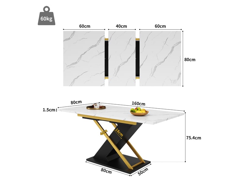  Table à manger extensible noir, rangement, fermeture douce, effet marbre, confort, solide, robuste - mdf et métal - 160x80x75.4cm  - Conforama E
