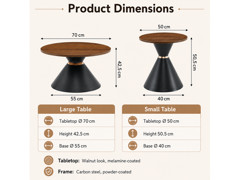  Lot de 2 tables basses gigognes coniques ø70x42.5 cm et ø50x50.5 cm noyer noir  - Conforama E