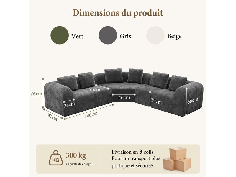  Canapé d'angle incurvé 3 places en tissu chenille premium,canapé compressé sans montage,mousse haute résilience,gris 326x97x66CM - Conforama E