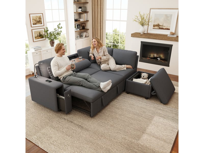 Canapé d'angle en l convertible 5 places gris avec pouf coffre, table rabattable, liseuse led et usbtype-c Fay Lum - Conforama B
