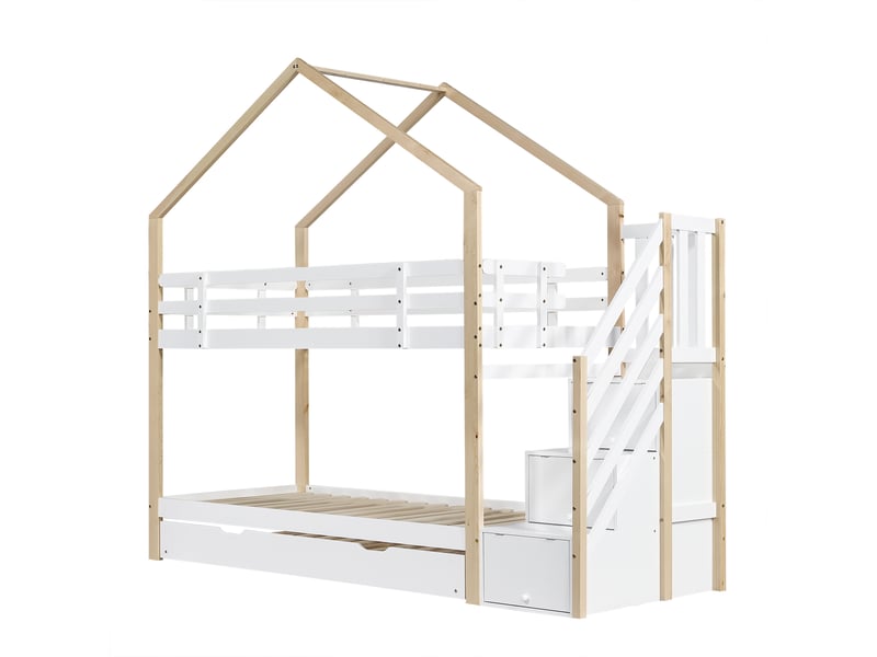 Lit cabane naturel et blanc 90x200 et 90x190 cm, couchage extensible, escalier à tiroirs, sommiers et barrières - Conforama A