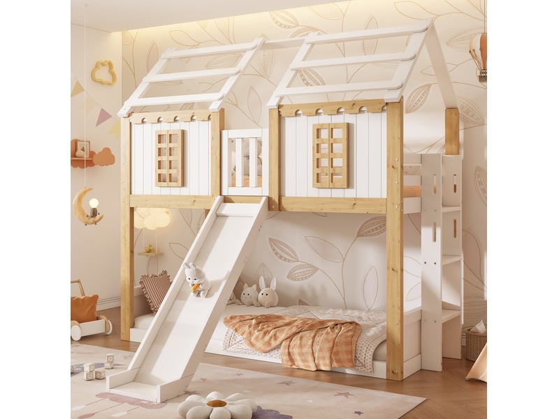  Lit superposé enfant 90x200 cm avec toboggan et échelle réversible, blanc et bois naturel  - Conforama C
