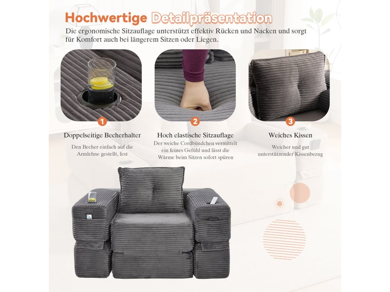  Canapé convertible 2 places en velours côtelé gris foncé avec porte-gobelet et poches latérales  - Conforama D
