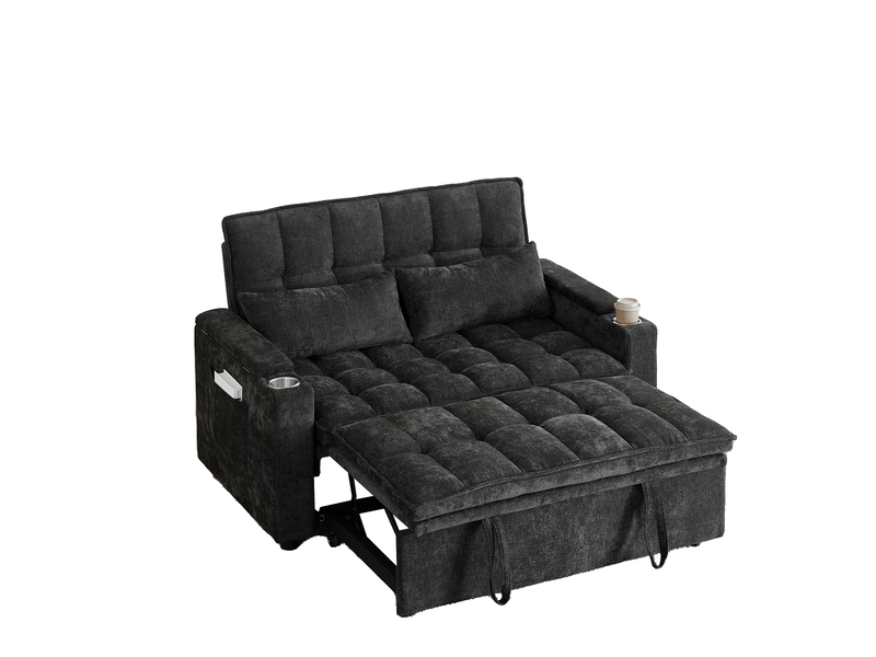 Canapé-lit 3-en-1 142 x 89 x 89 cm – noir – rangements d'accoudoirs, poches et 2 porte-gobelets - Conforama A