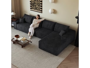 Canapé d’angle en l noir, 340 × 175 × 83 cm, configuration en l avec méridienne, espace de détente généreux, assise accueillante