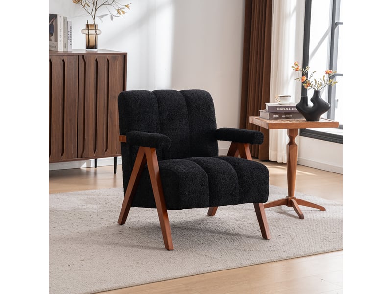  Fauteuil d'appoint avec accoudoirs, assise rembourrée et dossier segmenté, en chêne massif, noir  - Conforama B