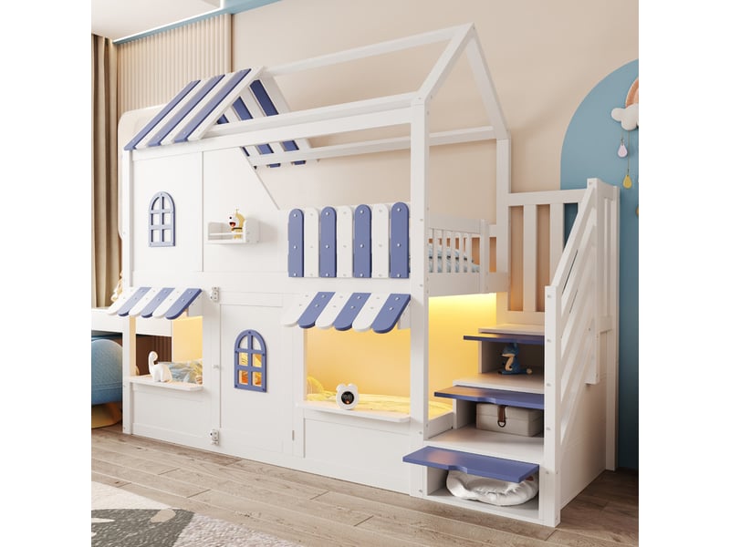 Lit superposé enfant 90 x 200 cm - avec échelle de rangement - avec lumière led - avec 1 porte - blanc + bleu (matelas non inclus) - Conforama D