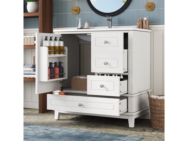  Meuble sous vasque avec 3 tiroirs et 1 porte, vasque en céramique, blanc brillant, salle de bain, 81×47×86 cm  - Conforama C