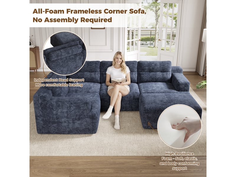 Canapé modulable 5 places, revêtement en chenille bleu confortable, canapé d'angle forme l ou u, sans montage requis pour salon & grand séjour - Conforama B