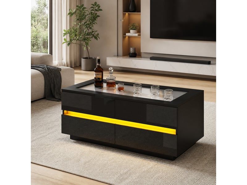  Table basse 100x50x40 cm en panneaux de particules et verre trempé avec 4 tiroirs et led noire chicfurn  - Conforama B