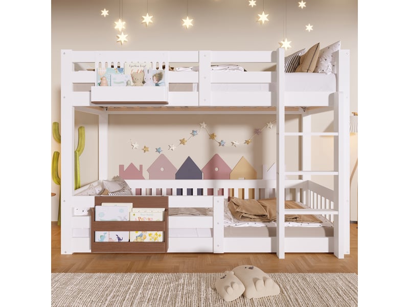 Lit superposé 90x200 cm, avec rangements, garde-corps de sécurité et échelle, sans matelas, métal, mdf et pin, blanc Bubbly - Conforama B