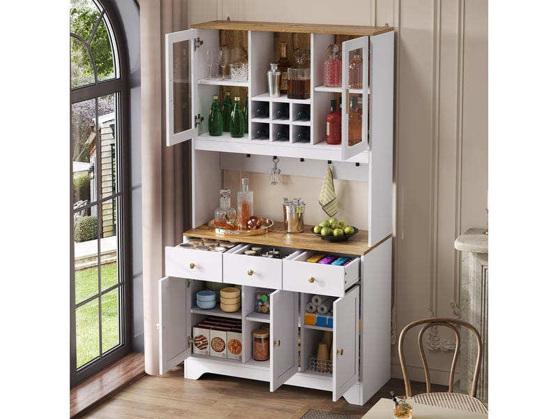 Buffet haut avec 5 portes, 3 tiroirs et niches ouvertes, portes transparentes en mdf pour salon 94,5×30×175,5 cm blanc - Conforama E