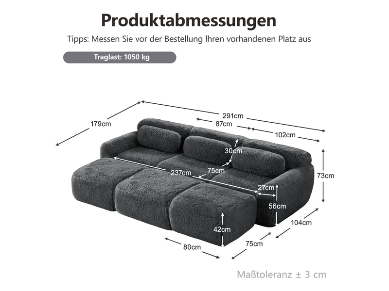 Canapé modulable 3 places en tissu peluche gris avec 3 poufs W3325S00186 - Conforama C