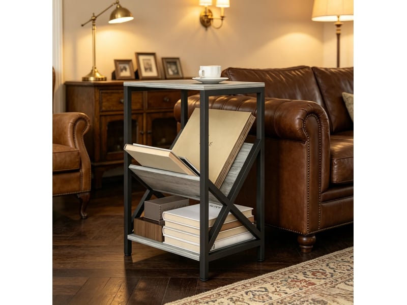  Table d’appoint étroite industrielle – 3 niveaux de rangement – gris foncé et acier noir – 40 x 30 x 61 cm  - Conforama C