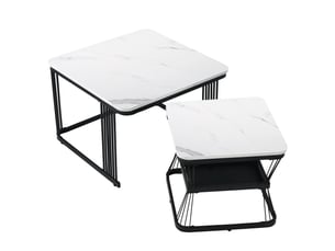 Tables basses gigognes avec 2 plateaux, effet marbre brillant, en mdf, blanc et noir, pour salon - uvrion
