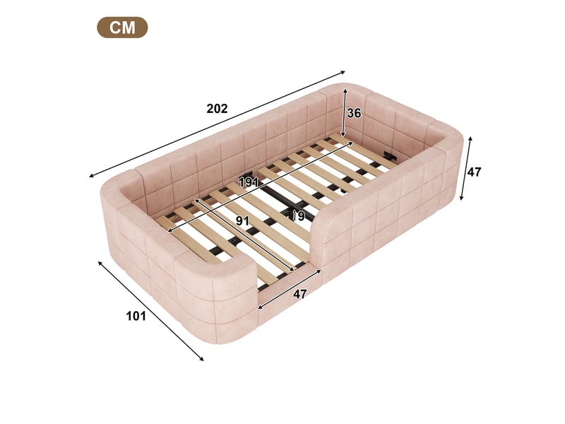  Lit enfant 90 × 190 cm avec barrières rembourrées et sommier à lattes, entrée basse, revêtement en chenille rose  - Conforama C