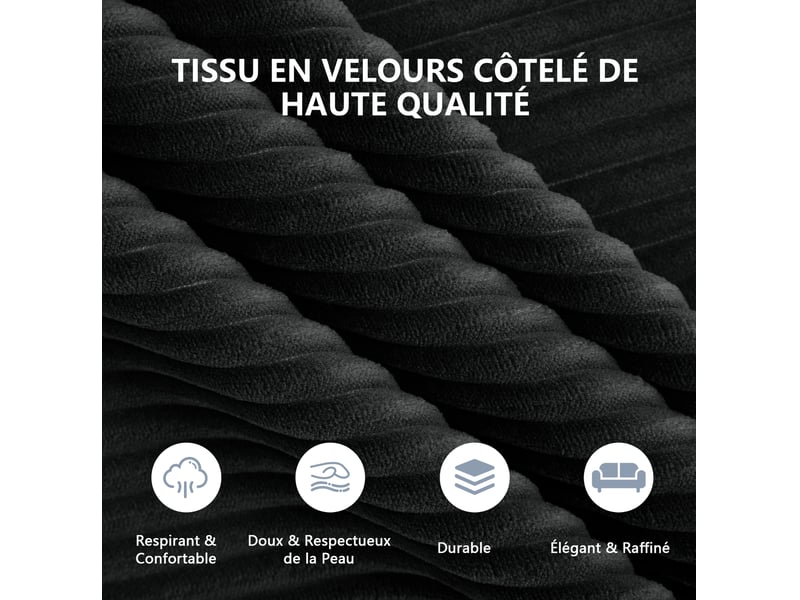  Canapé modulable 2 places 194x161x94 cm avec pouf en velours côtelé noir  - Conforama E