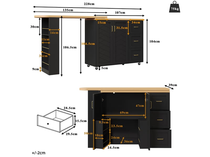 Desserte de cuisine extensible avec 2 portes, 3 tiroirs et roulettes pour cuisine et salon en mdf et métal noir - Conforama C