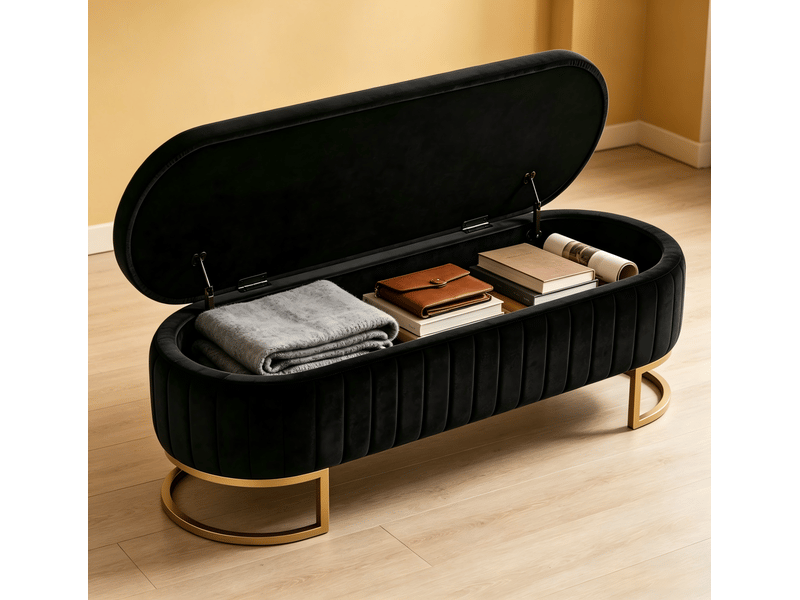  Banc coffre tcqpz en velours noir 129,5 x 42 x 46 cm rangement intérieur pieds métal doré  - Conforama D