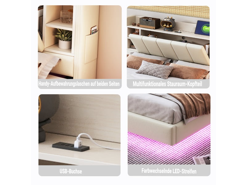  Lit coffre beige avec éclairage led, port usb, étagères et cadre métallique, style flottant pour chambre  - Conforama E
