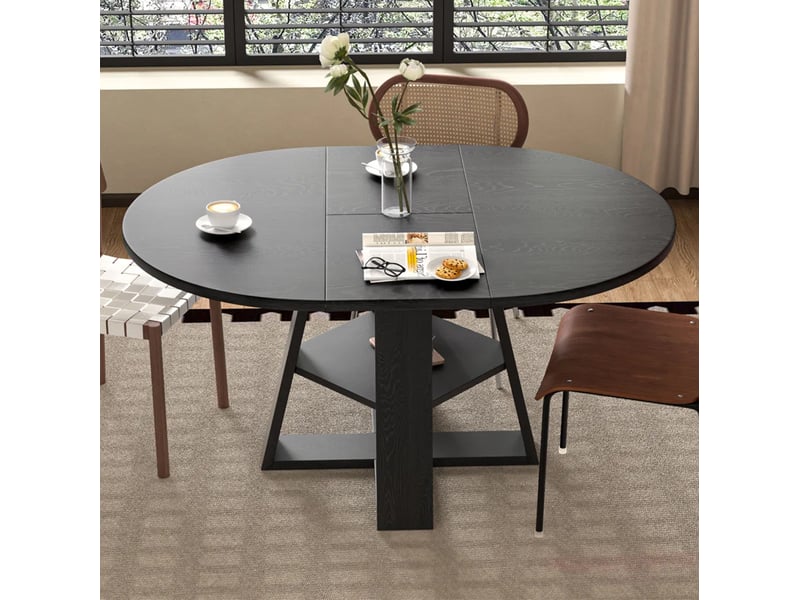 Table à manger extensible ronde 110150 x 110 x 75 cm, 150x110 cm, mdf, couleur noir aspect bois, espace de rangement  - Conforama D