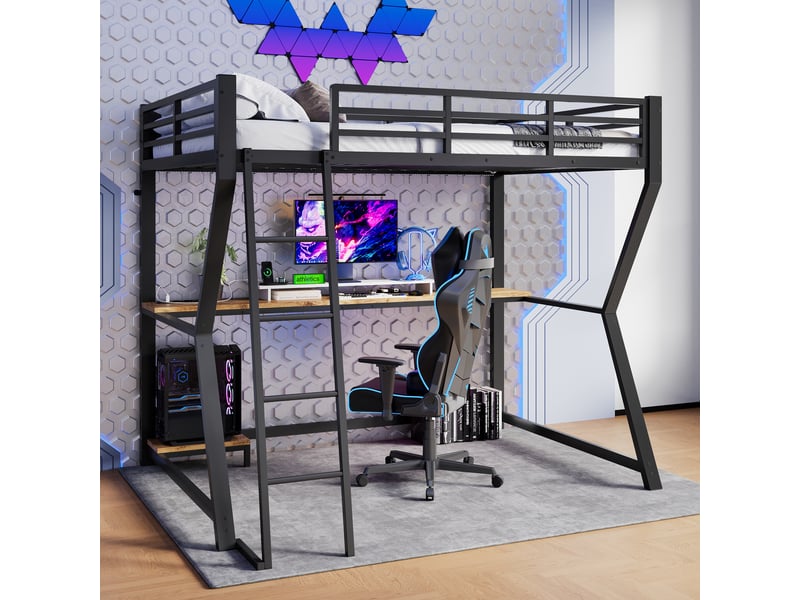 Lit mezzanine simple 90×200 cm bureau, led, prise usb et étagère pc - sans matelas, métal - noir - Conforama C