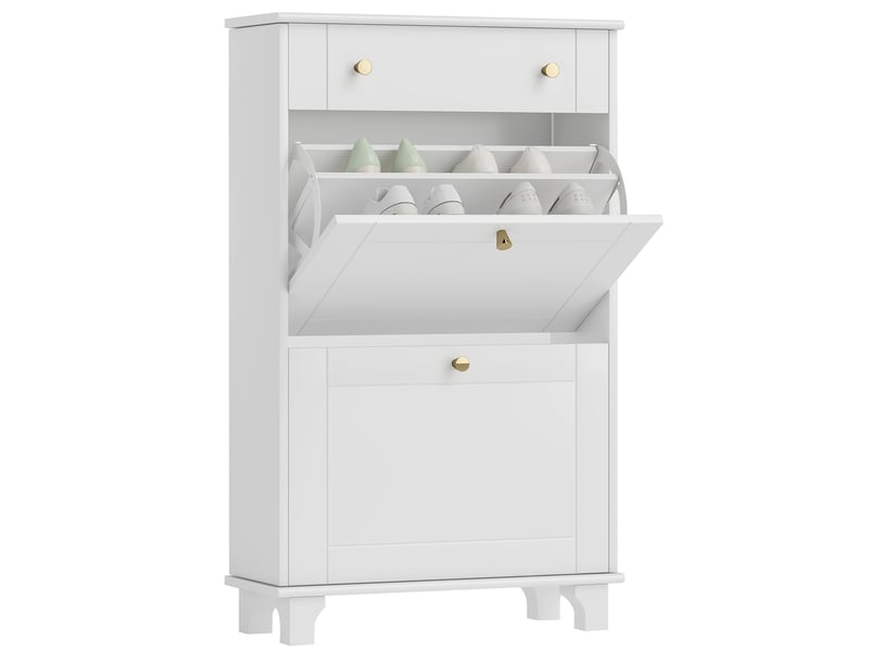  Meuble chaussure entrée étroit avec tiroirs à portes abattants et étagère réglable, 60 x 23,5 x 98,5 cm, blanc  - Conforama A