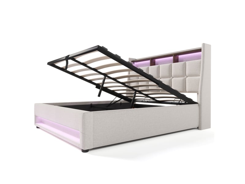  Lit coffre,160x200 cm,avec led et usb,lin,beige  - Conforama D