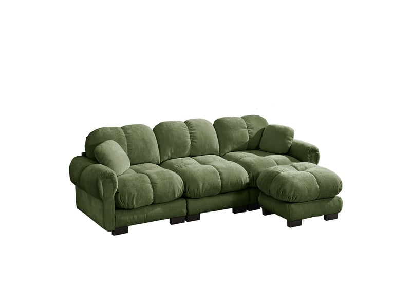 Canapé modulable 3 places 260 cm canapé droit en tissu chenille avec 1 pouf mobile, design matelassé, coussins épais, dossier ergonomique, vert Seren Glow - Conforama A