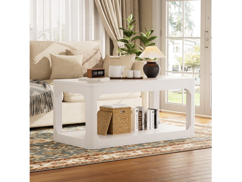  Table basse 100 x 50 x 44,5 cm – blanc – 2 niveaux de rangement, plateau 3 cm, design moderne et épuré  - Conforama B