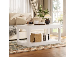 Table basse 100 x 50 x 44,5 cm – blanc – 2 niveaux de rangement, plateau 3 cm, design moderne et épuré
