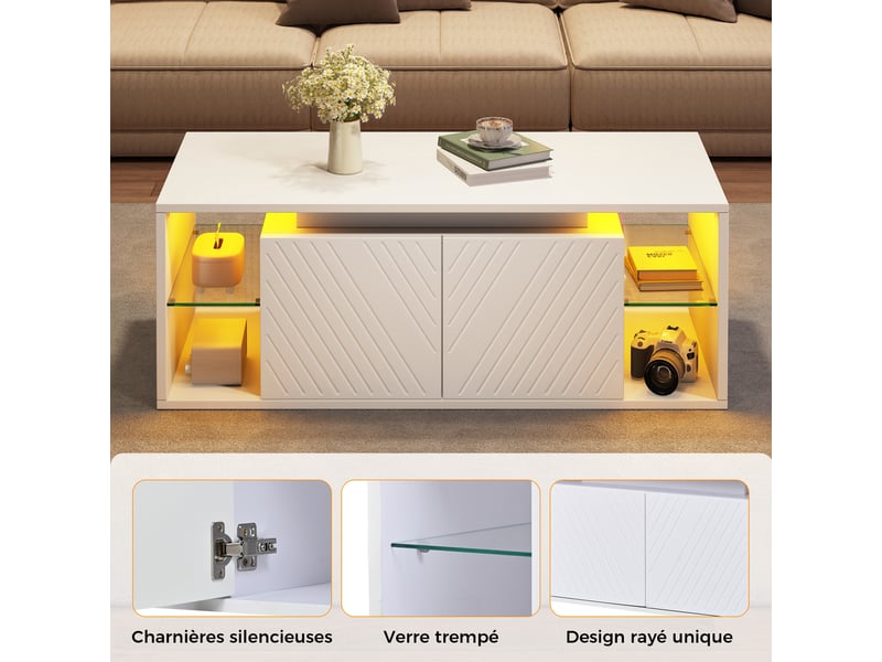  Table basse salon - lumières led - 100x50x41 cm - table basse led avec grand tiroir et compartiment - blanc  - Conforama B