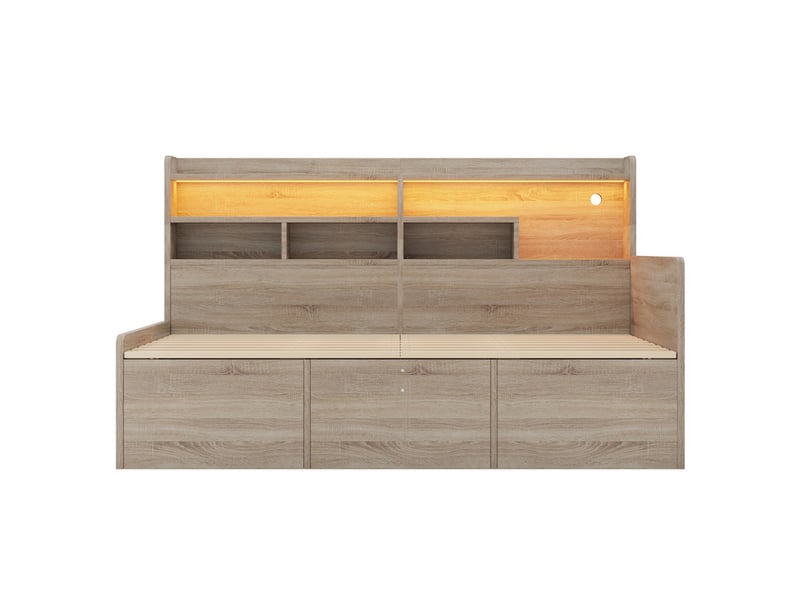  Canapé-lit en bois, 90 x 200 cm, avec espace de rangement à ouverture hydraulique et éclairage led, coloris bois LDF00752AAN - Conforama A