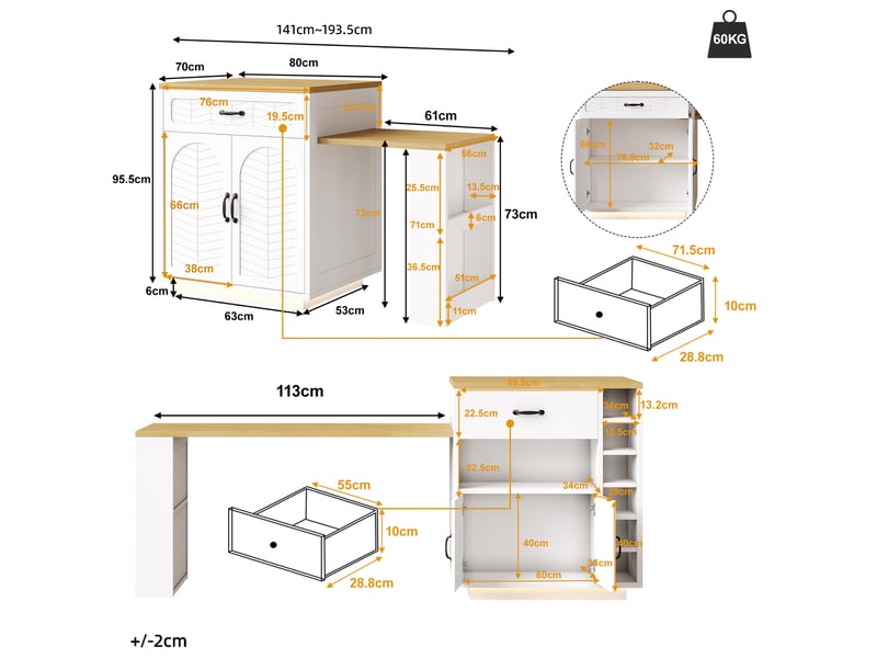  Îlot de cuisine noirblanc avec led, table extensible, 2 tiroirs, 4 portes, buffet et desserte fixe pour cuisine  - Conforama B